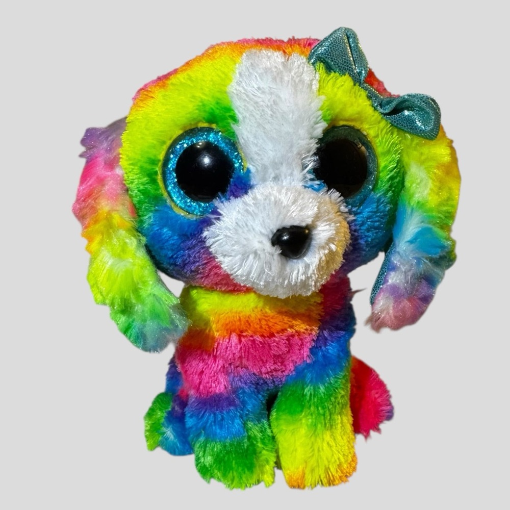 TY Beanie Boos Lola Rainbow Puppy Plush Big Eyes Stuffed Dog Toy 6” Tall